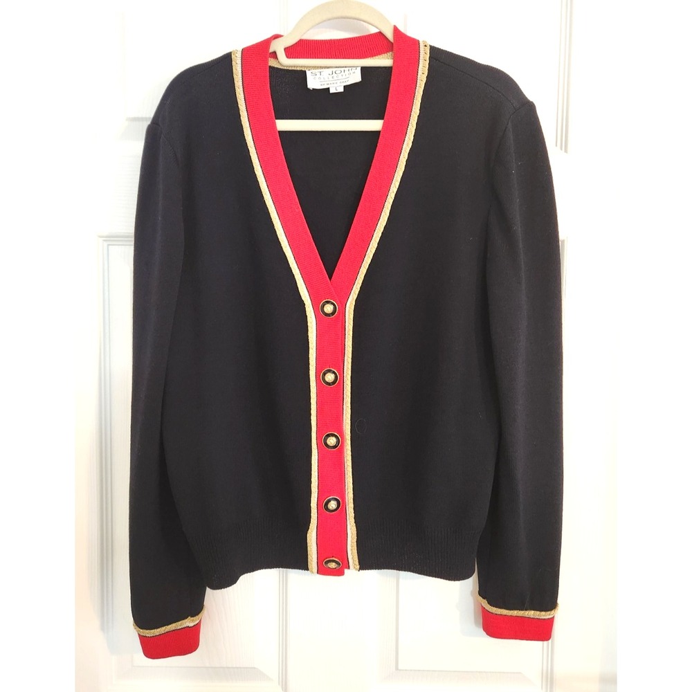 ST JOHN COLLECTION Marie Gray Black Red Gold Sweater Cardigan Size L Vintage